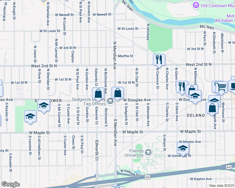 map of restaurants, bars, coffee shops, grocery stores, and more near 118 North Meridian Avenue in Wichita