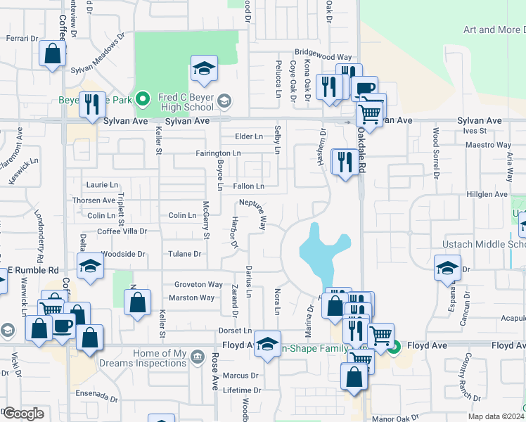 map of restaurants, bars, coffee shops, grocery stores, and more near 3121 Neptune Way in Modesto