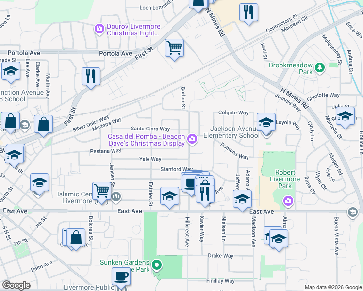 map of restaurants, bars, coffee shops, grocery stores, and more near 374 Burgess Street in Livermore