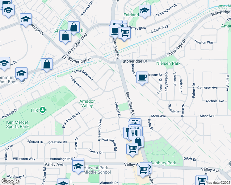 map of restaurants, bars, coffee shops, grocery stores, and more near 2595 Tanager Drive in Pleasanton