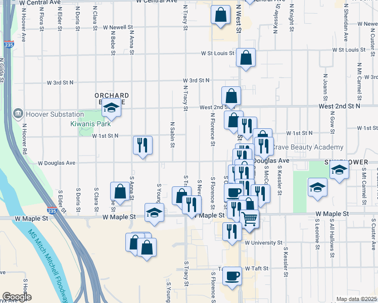 map of restaurants, bars, coffee shops, grocery stores, and more near 120 North Tracy Street in Wichita