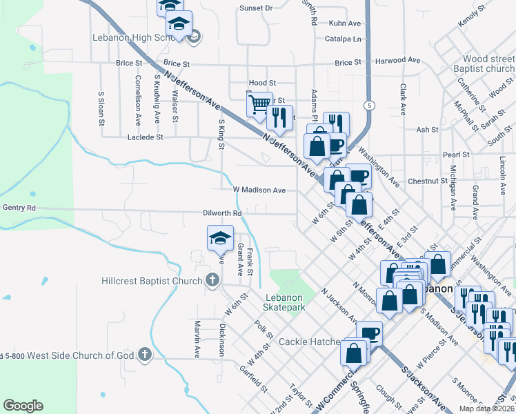 map of restaurants, bars, coffee shops, grocery stores, and more near 575 Dilworth Road in Lebanon