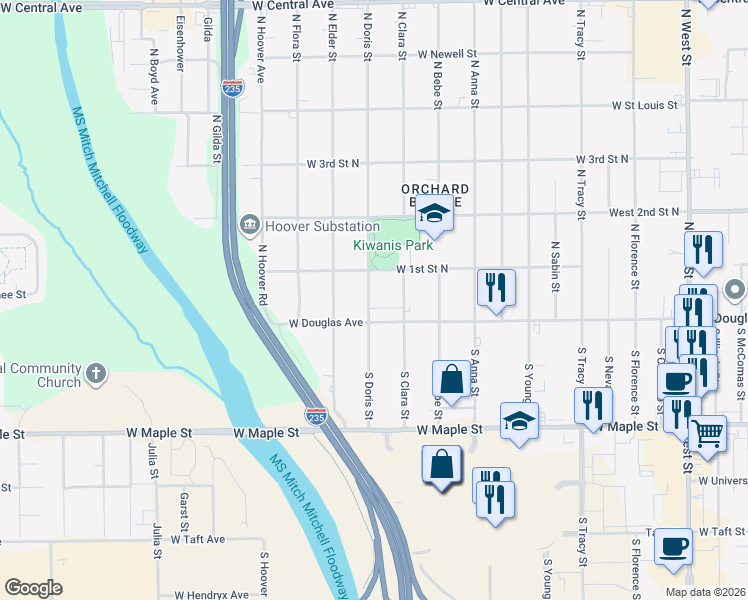 map of restaurants, bars, coffee shops, grocery stores, and more near 126 North Doris Street in Wichita