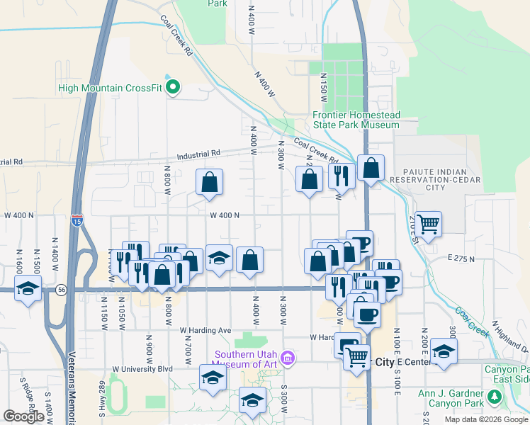 map of restaurants, bars, coffee shops, grocery stores, and more near 352 West 400 North in Cedar City