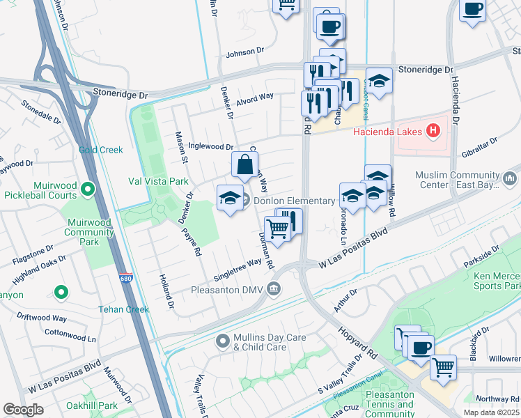 map of restaurants, bars, coffee shops, grocery stores, and more near 4127 Dorman Road in Pleasanton