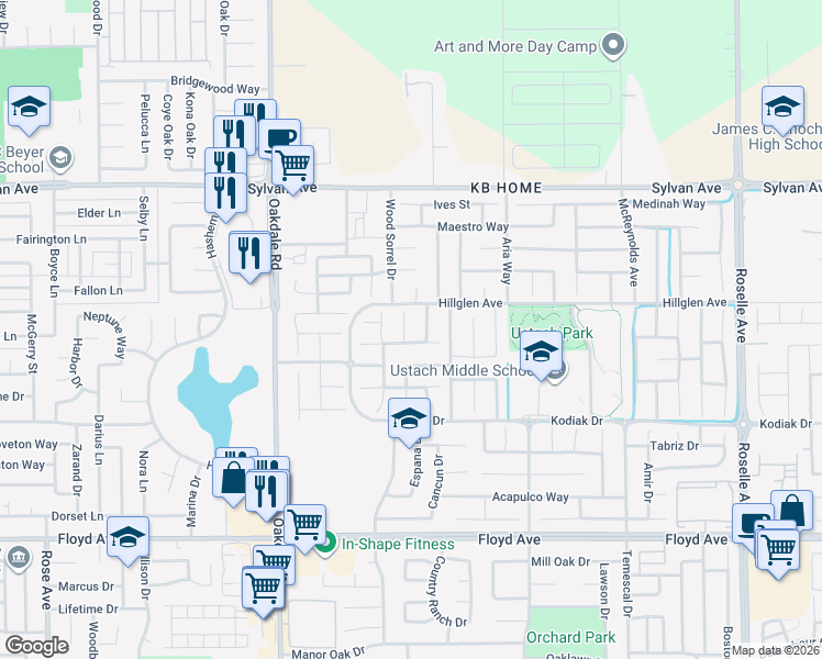 map of restaurants, bars, coffee shops, grocery stores, and more near 3208 Coville Court in Modesto
