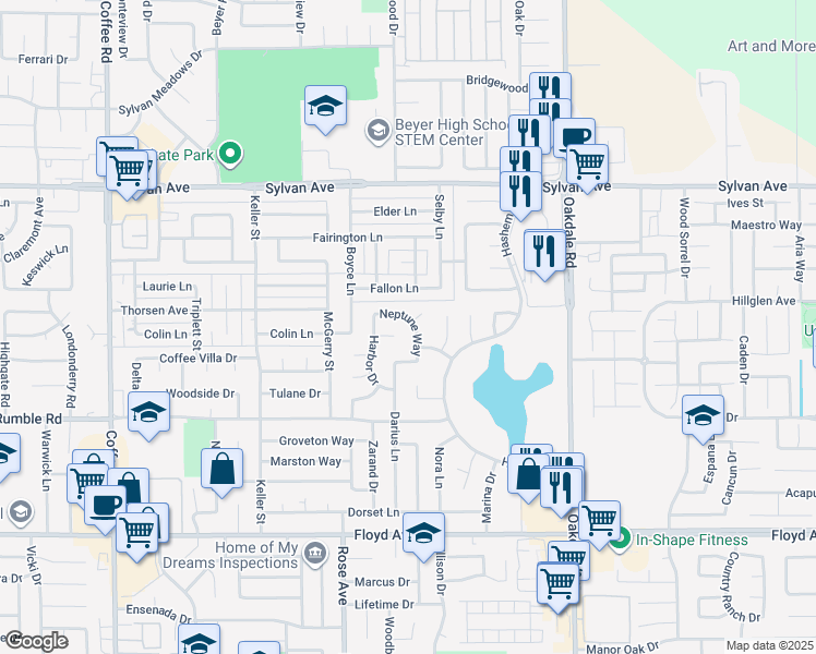 map of restaurants, bars, coffee shops, grocery stores, and more near 3121 Neptune Way in Modesto