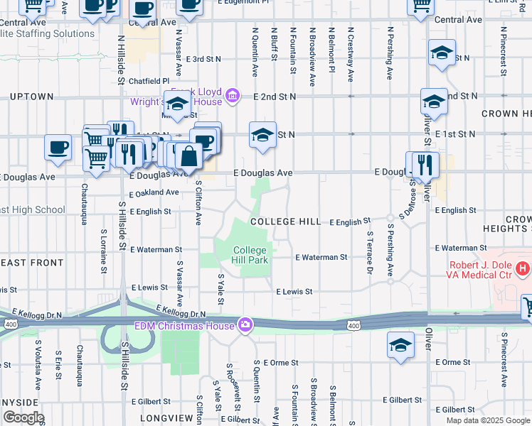 map of restaurants, bars, coffee shops, grocery stores, and more near 4010 East English Street in Wichita