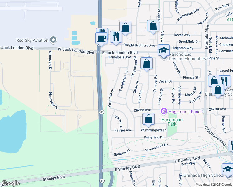 map of restaurants, bars, coffee shops, grocery stores, and more near 538 Everglades Lane in Livermore