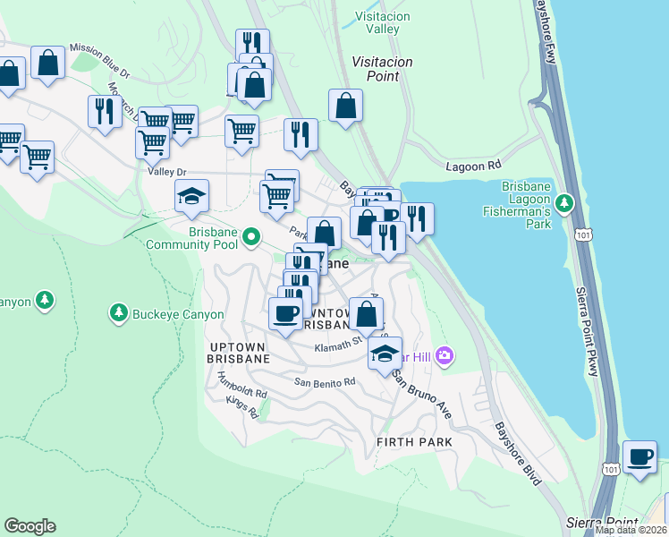 map of restaurants, bars, coffee shops, grocery stores, and more near 1 San Bruno Avenue in Brisbane