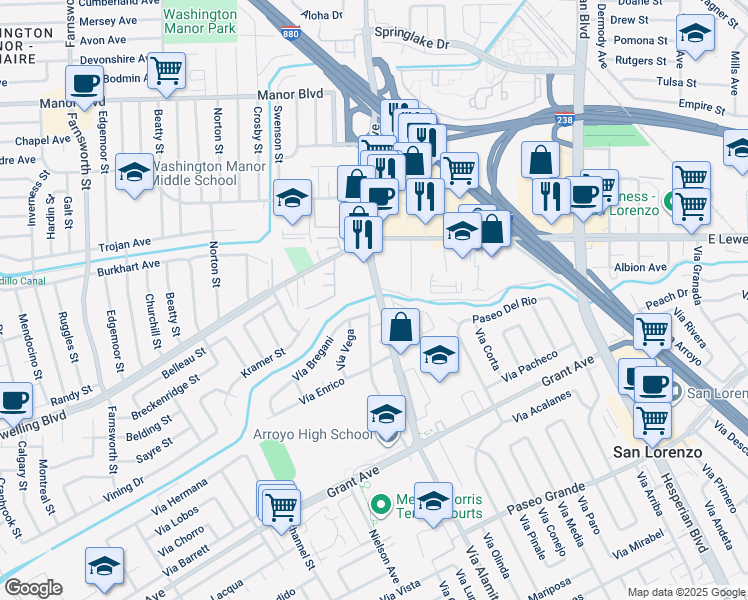 map of restaurants, bars, coffee shops, grocery stores, and more near 15500 Lorenzo Avenue in San Lorenzo