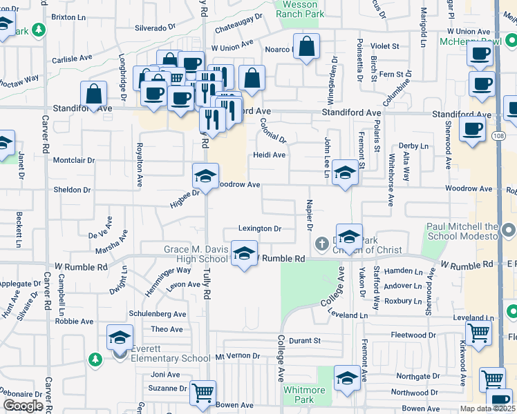 map of restaurants, bars, coffee shops, grocery stores, and more near 3205 University Drive in Modesto