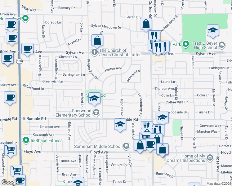 map of restaurants, bars, coffee shops, grocery stores, and more near 3300 Heartwood Way in Modesto