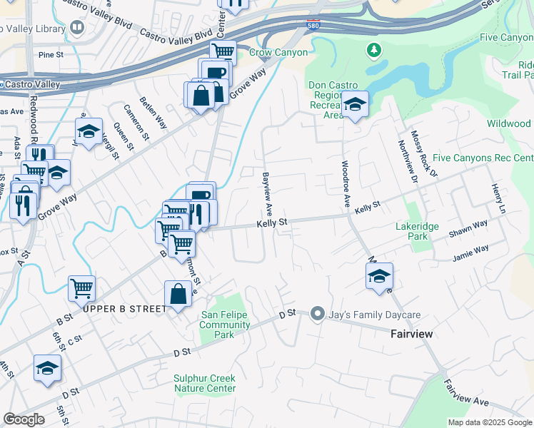 map of restaurants, bars, coffee shops, grocery stores, and more near 22791 Bayview Avenue in Hayward