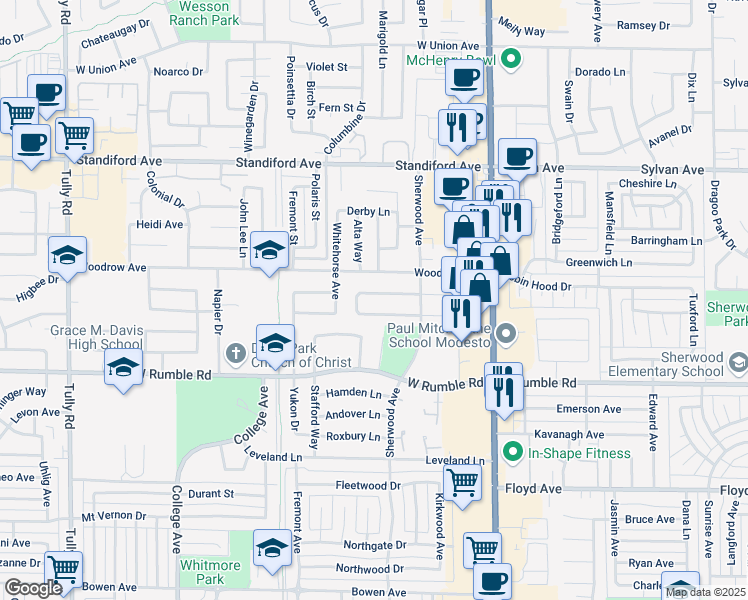 map of restaurants, bars, coffee shops, grocery stores, and more near 332 Birchwood Court in Modesto