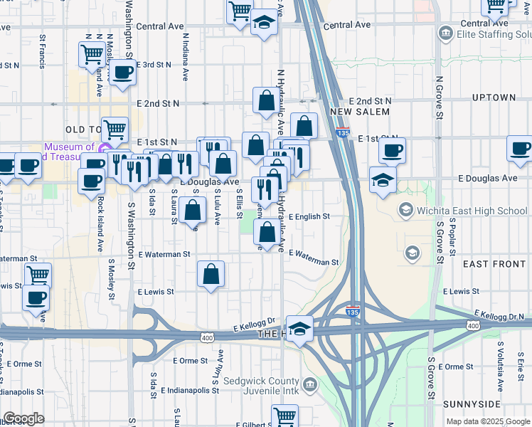 map of restaurants, bars, coffee shops, grocery stores, and more near 156 Greenwood in Wichita