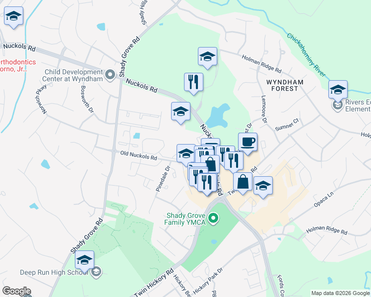 map of restaurants, bars, coffee shops, grocery stores, and more near 5400 Orchard Park Court in Glen Allen