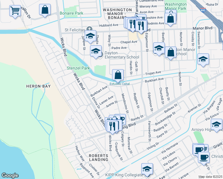 map of restaurants, bars, coffee shops, grocery stores, and more near 15300 Laverne Drive in San Leandro