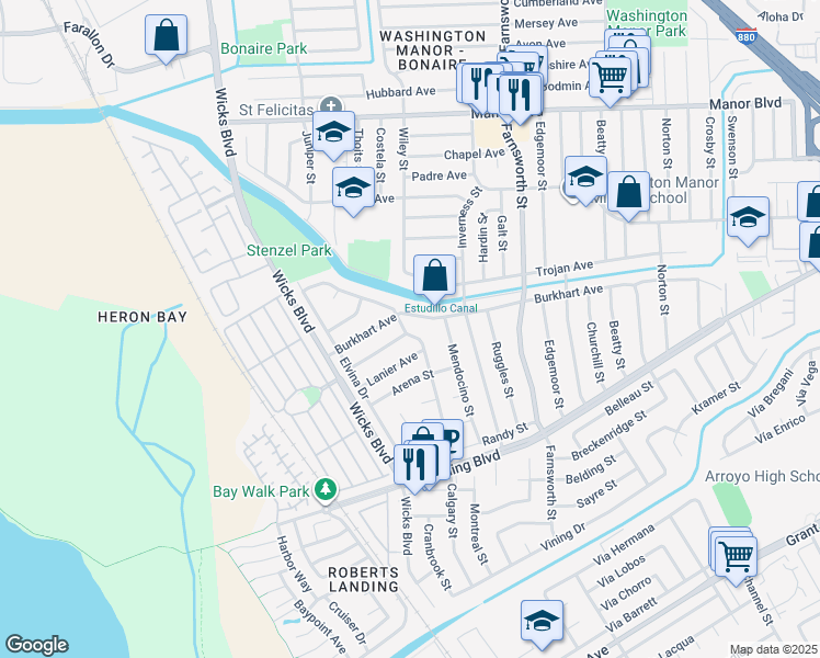 map of restaurants, bars, coffee shops, grocery stores, and more near 15300 Laverne Drive in San Leandro