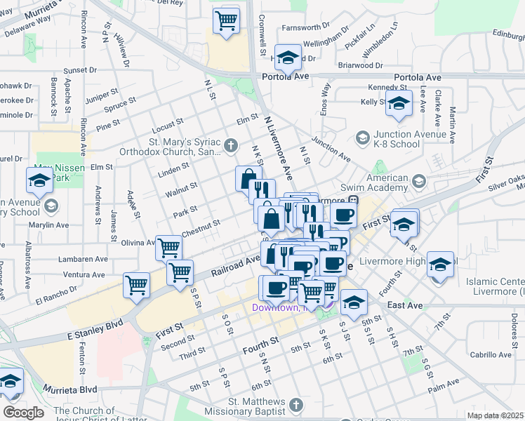 map of restaurants, bars, coffee shops, grocery stores, and more near 2035 Chestnut Street in Livermore