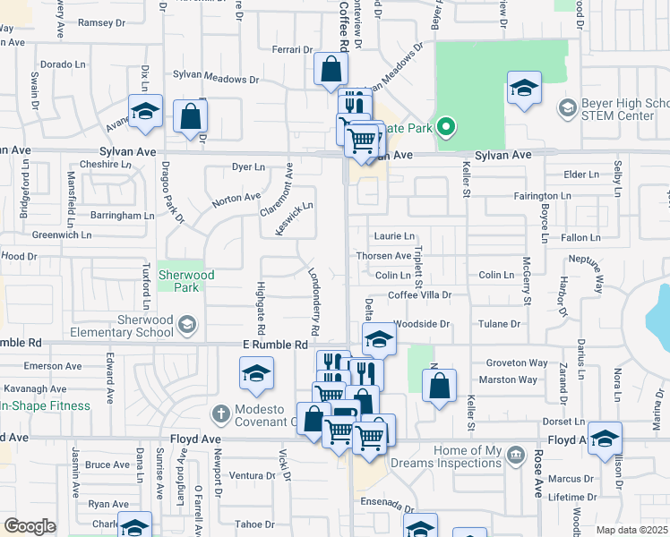map of restaurants, bars, coffee shops, grocery stores, and more near 1217 Las Cruces Court in Modesto