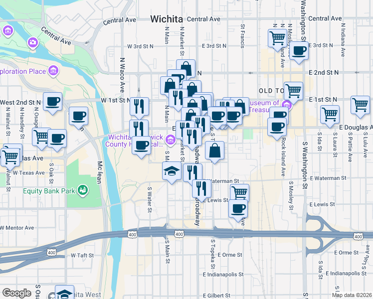 map of restaurants, bars, coffee shops, grocery stores, and more near 212 South Market Street in Wichita
