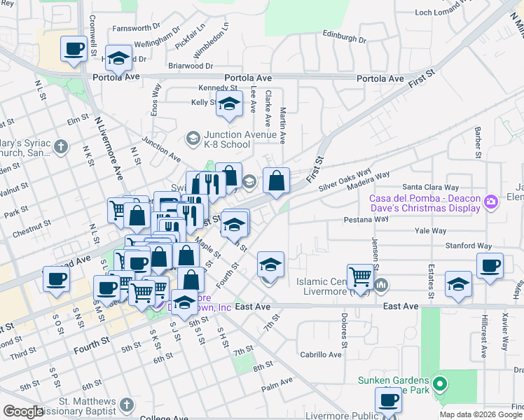 map of restaurants, bars, coffee shops, grocery stores, and more near in Livermore