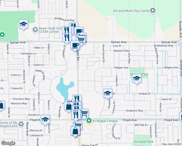 map of restaurants, bars, coffee shops, grocery stores, and more near 2261 Maverick Court in Modesto