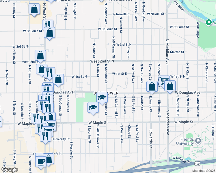 map of restaurants, bars, coffee shops, grocery stores, and more near 101 North Mount Carmel Street in Wichita