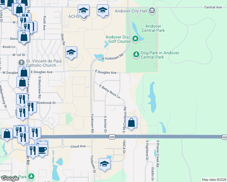 map of restaurants, bars, coffee shops, grocery stores, and more near 1116 East Betsy Ross Lane in Andover