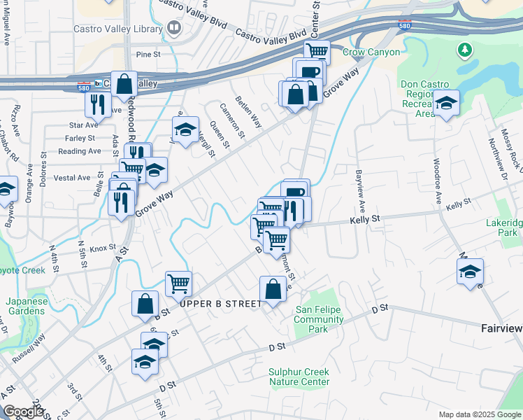 map of restaurants, bars, coffee shops, grocery stores, and more near 1960 Wingate Way in Hayward