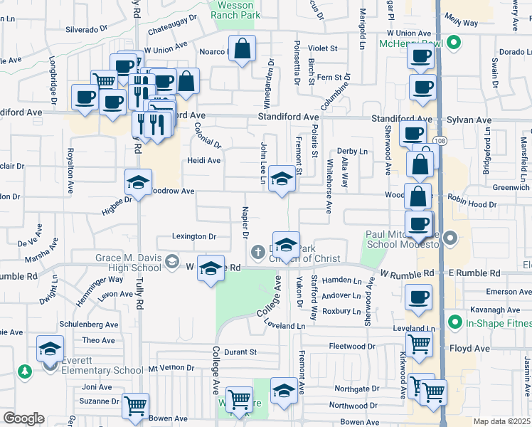 map of restaurants, bars, coffee shops, grocery stores, and more near 800 Woodrow Avenue in Modesto