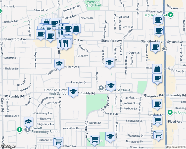 map of restaurants, bars, coffee shops, grocery stores, and more near 3212 Coventry Way in Modesto