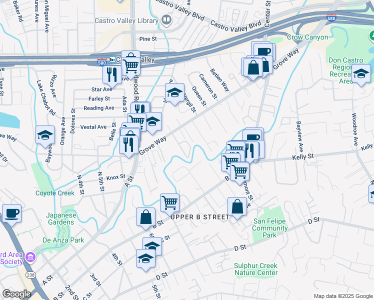map of restaurants, bars, coffee shops, grocery stores, and more near 2511 Grove Way in Hayward