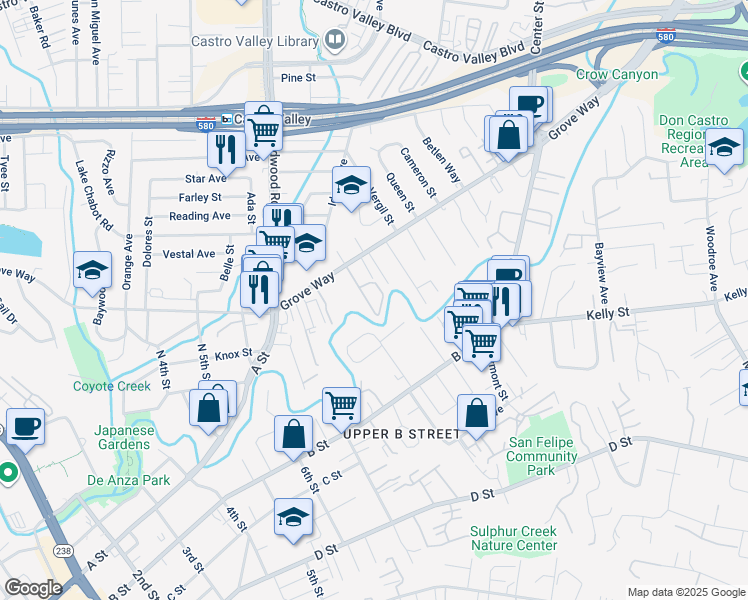 map of restaurants, bars, coffee shops, grocery stores, and more near 2497 Grove Way in Castro Valley