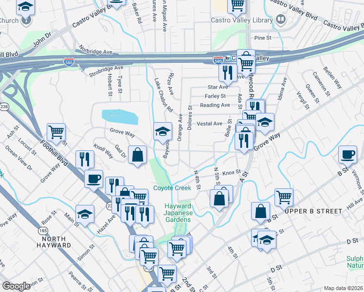 map of restaurants, bars, coffee shops, grocery stores, and more near 21974 Dolores Street in Castro Valley