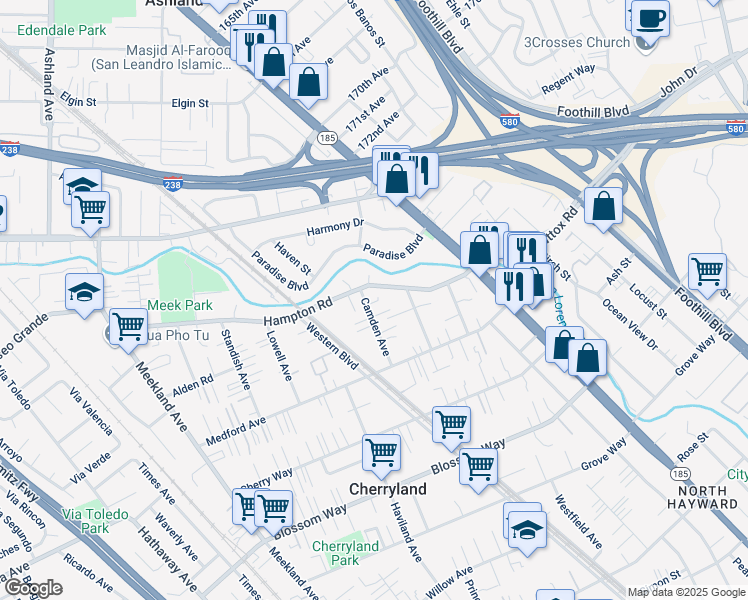 map of restaurants, bars, coffee shops, grocery stores, and more near 745 Hampton Road in Hayward