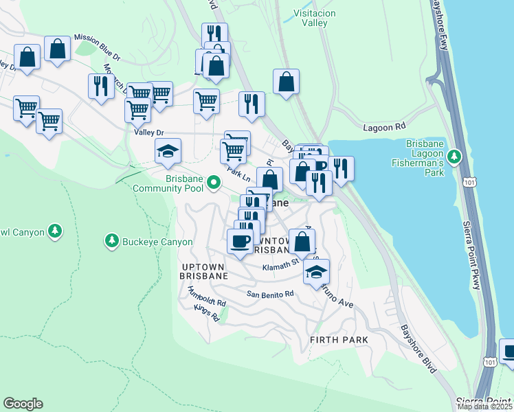 map of restaurants, bars, coffee shops, grocery stores, and more near in Brisbane