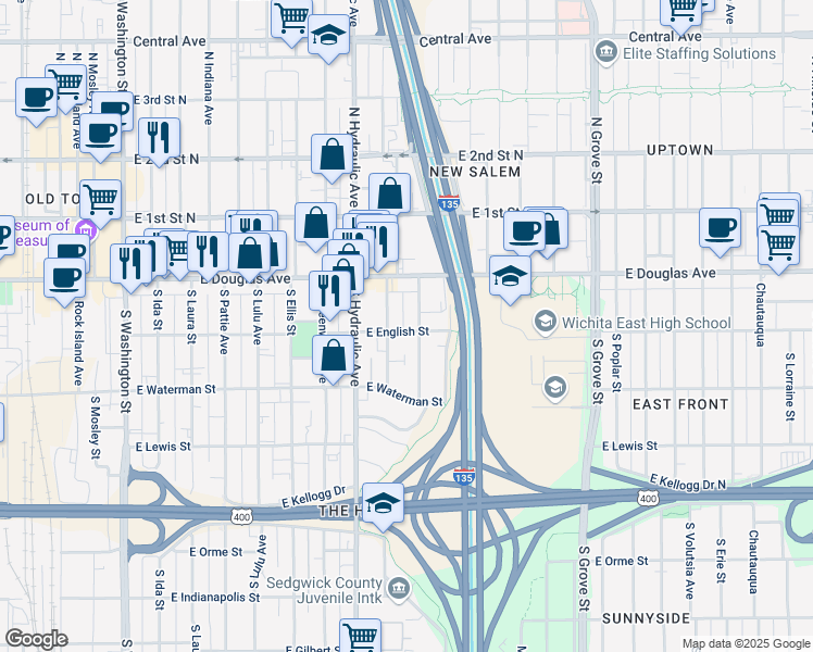 map of restaurants, bars, coffee shops, grocery stores, and more near 1801 East English Street in Wichita