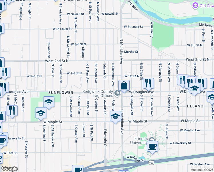 map of restaurants, bars, coffee shops, grocery stores, and more near 119 North Edwards Avenue in Wichita