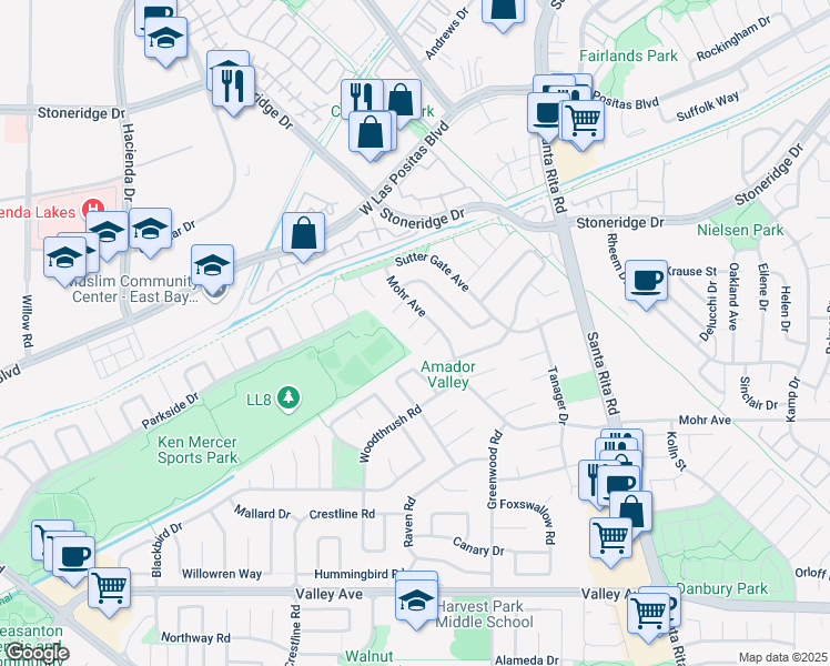 map of restaurants, bars, coffee shops, grocery stores, and more near 4832 Knox Gate Court in Pleasanton