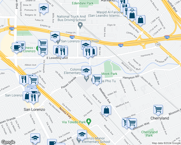 map of restaurants, bars, coffee shops, grocery stores, and more near 16950 Meekland Avenue in Hayward