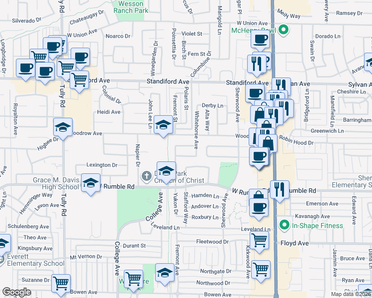 map of restaurants, bars, coffee shops, grocery stores, and more near 702 Anchorage Ave in Modesto