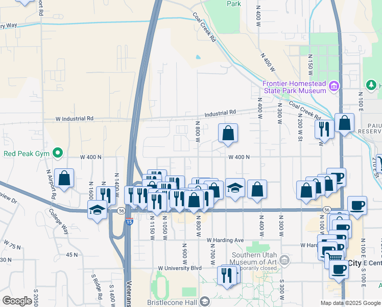 map of restaurants, bars, coffee shops, grocery stores, and more near 844 West 400 North in Cedar City