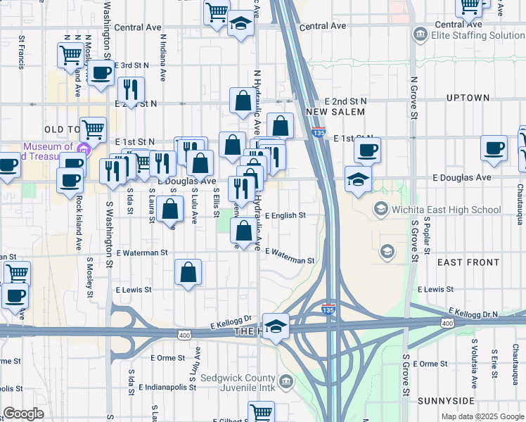 map of restaurants, bars, coffee shops, grocery stores, and more near 140 South Hydraulic Avenue in Wichita