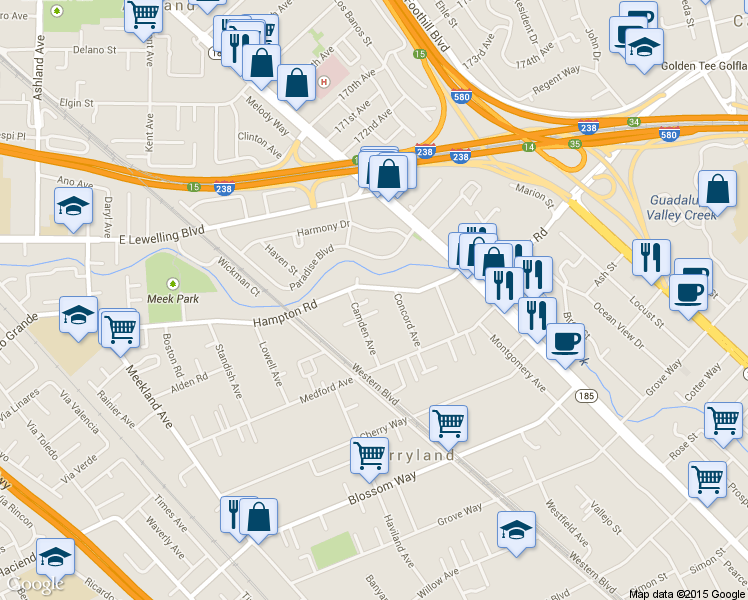 map of restaurants, bars, coffee shops, grocery stores, and more near 745 Hampton Road in Hayward