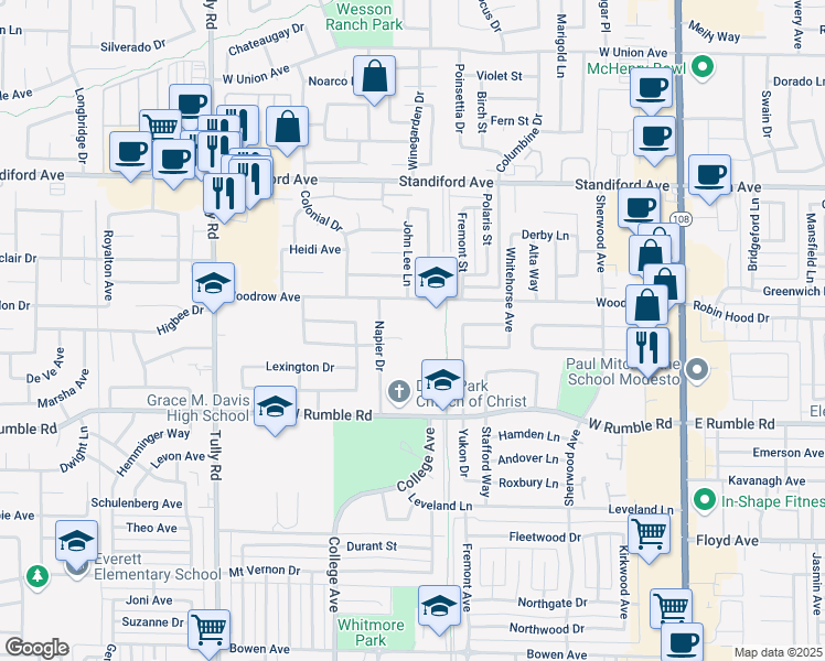map of restaurants, bars, coffee shops, grocery stores, and more near 800 Woodrow Avenue in Modesto