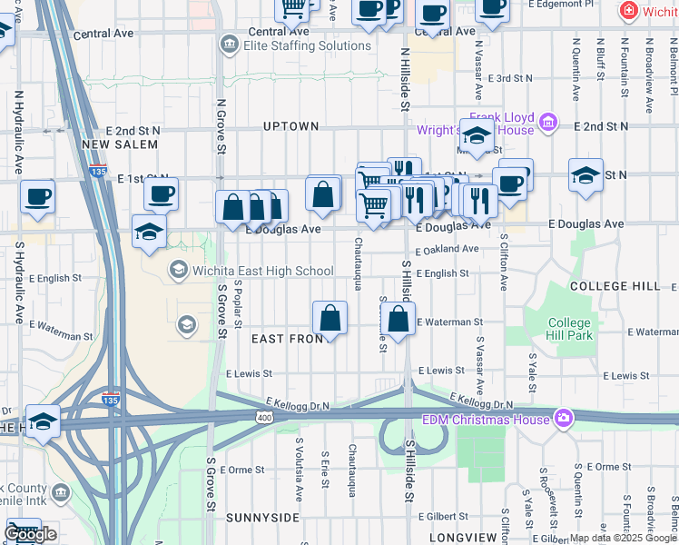map of restaurants, bars, coffee shops, grocery stores, and more near 150 South Erie Street in Wichita