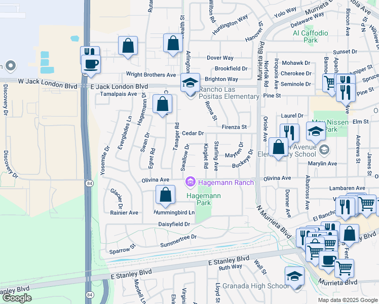 map of restaurants, bars, coffee shops, grocery stores, and more near 649 Teal Court in Livermore