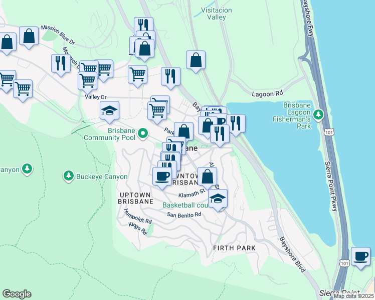 map of restaurants, bars, coffee shops, grocery stores, and more near 1 San Bruno Avenue in Brisbane